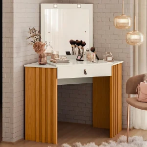 tocador moderno, tocador con LED, tocador con cajón, tocador de lujo, tocador con rieles telescópicos, mueble de dormitorio, tocador elegante, tocador con espejo atornillado, tocador funcional, tirador de piel sintética.