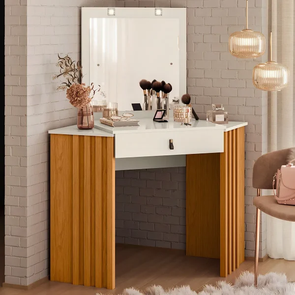 tocador moderno, tocador con LED, tocador con cajón, tocador de lujo, tocador con rieles telescópicos, mueble de dormitorio, tocador elegante, tocador con espejo atornillado, tocador funcional, tirador de piel sintética.