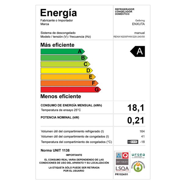 Heladera Enxuta 205L – Eficiencia Energética Clase A, Freezer de 41L, Estantes Ajustables - Imagen 3