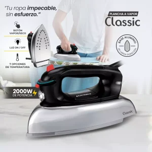 Plancha Seca y a Vapor, Plancha 2000W, Plancha clásica pesada, plancha con base cerámica, plancha con vapor vertical, plancha salva botones, plancha auto limpiable, plancha para ropa delicada, plancha eficiente, plancha Electrobras Classic.