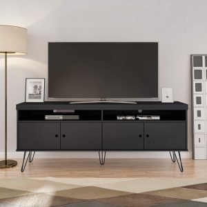 rack para TV, mueble para TV grande, rack retro, rack funcional, mueble con 4 puertas, rack con nichos, diseño moderno, rack con pies metálicos, mueble de madera.