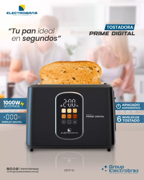 tostadora de pan, tostadora digital, tostadora con apagado automático, tostadora con 6 niveles, tostadora rápida, tostadora eficiente, tostadora de pan moderna, tostadora Electrobras.