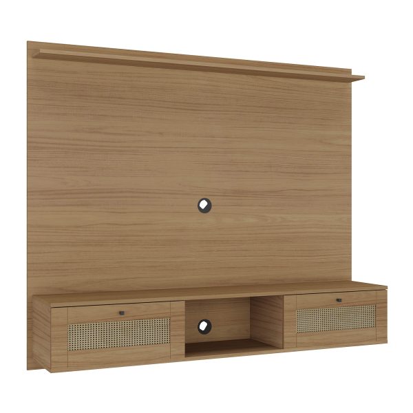 clave: panel para TV 72”, mueble con soporte para TV, estante con cajones, decoración sala moderna.