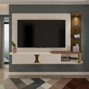 Panel M1, panel para TV, panel con LED, panel con estantes de vidrio, panel moderno, mueble para TV 72”, panel MDF, panel con luz LED, panel elegante, panel para sala