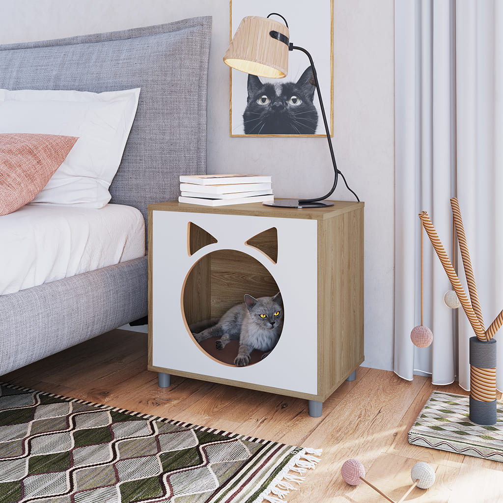 Mesita Pet para gato, cama para gato, mesita con alfombra, mueble para gato, mesita de luz, cama y mesa 2 en 1, mueble para mascota, mesita con cuerina, mueble multifuncional para gato, mesita moderna para gato