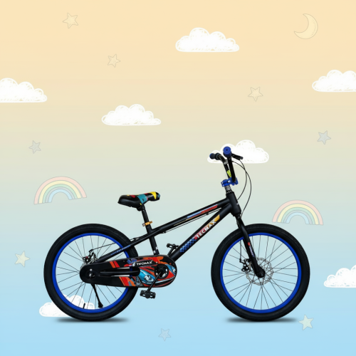 Bicicleta Tecmax Flash Boy, bicicleta Aro 20, bicicleta azul y negro, bicicleta con frenos a disco, bicicleta para niños, bicicleta con neumáticos 2.5, bicicleta con ruedas auxiliares, bicicleta deportiva para niños, bicicleta para aprender a pedalear, bicicleta con frenos eficientes.