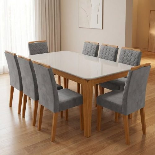juego de comedor 8 sillas, mesa 90x180, vidrio templado blanco, comedor grande, sillas lino gris