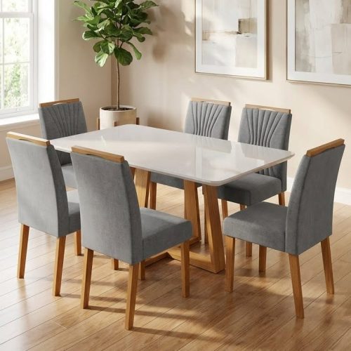 Juego de Comedor 6 Sillas | Mesa Blanca 90×160 Moderna