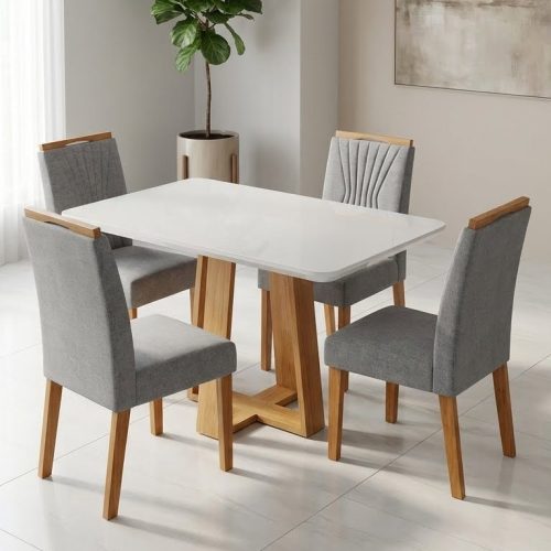 juego de comedor 4 sillas, mesa 80x120, vidrio templado blanco, sillas tapizadas gris, comedor moderno