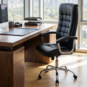 Silla Presidente Reclinable Cuerina Negra y Ruedas Goma | Rincón