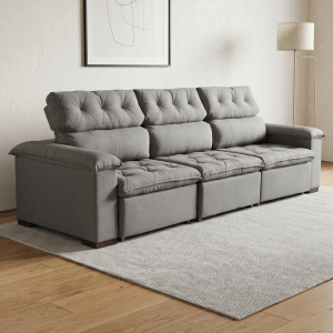 Sofá Viena tapizado en lino gris de 295 cm retráctil y reclinable abierto