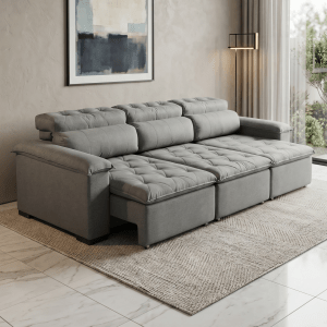 Sofá Viena tapizado en lino gris de 295 cm retráctil y reclinable abierto