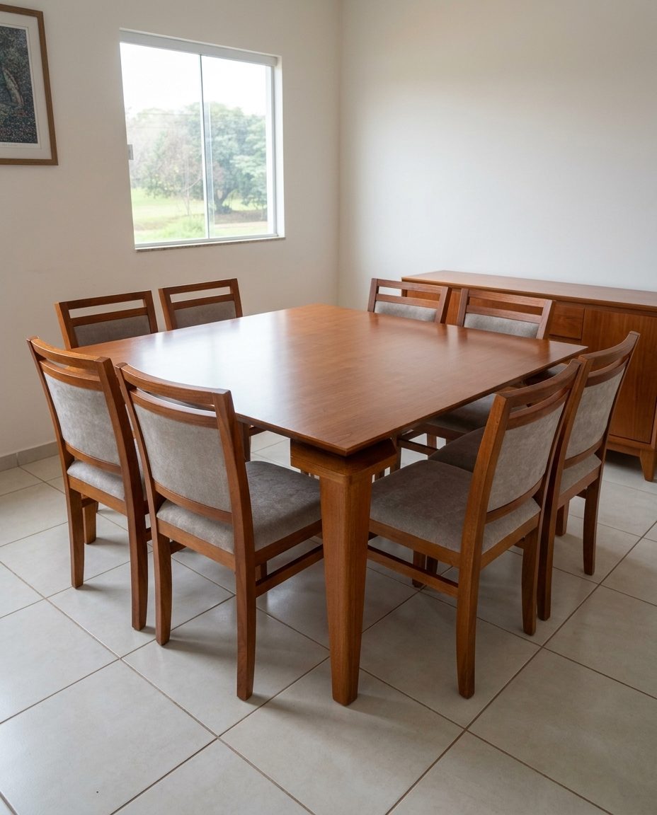 juego de comedor 140x140 madera maciza color miel ambientado CDE