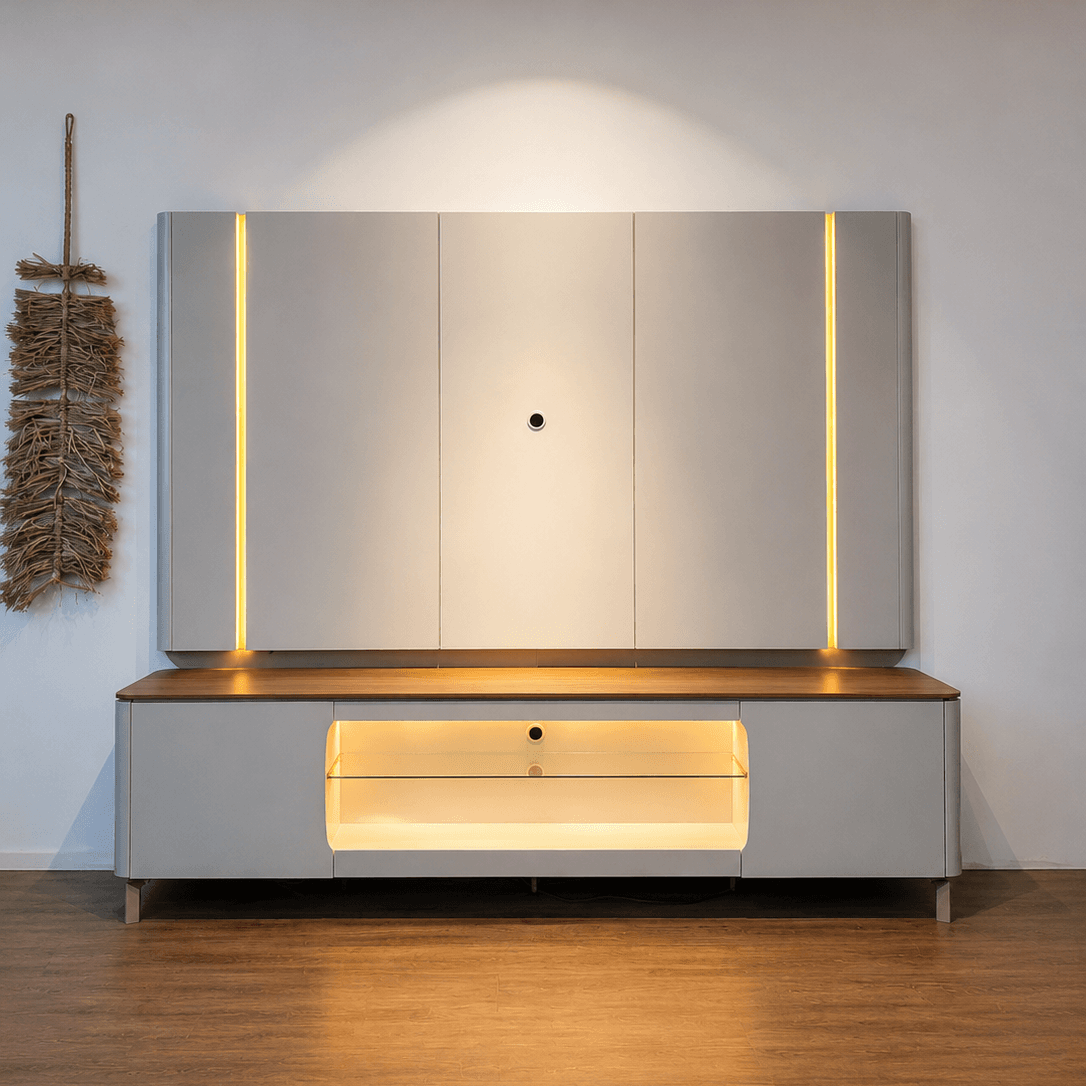 rack y panel Santorini en living CDE