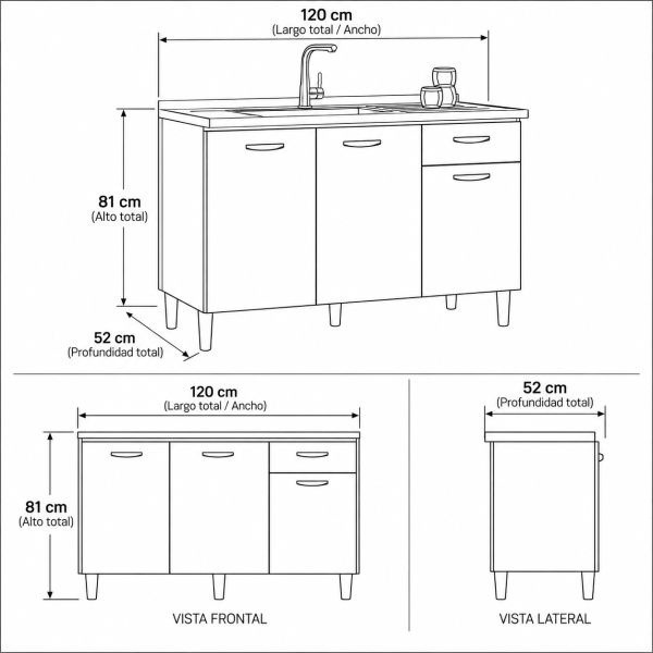 Balcón Cuba Movelmax 120 cm Damasco/Off White, esquema de medidas