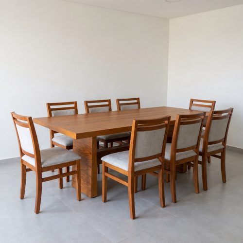 Juego de comedor madera nacional 220 × 100 cm, ocho sillas y mesa sin vidrio central