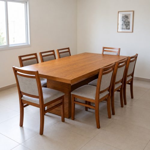 Comedor de ocho sillas madera nacional, mesa sin vidrio central vista de ángulo Comedor de ocho sillas madera nacional, mesa sin vidrio central vista de ángulo