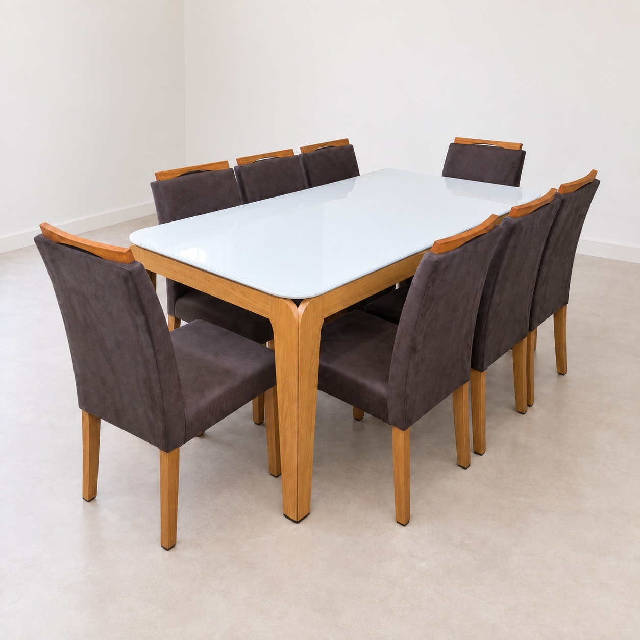 Juego de comedor mesa blanca 180 × 90 cm con ocho sillas marrón, vista limpia