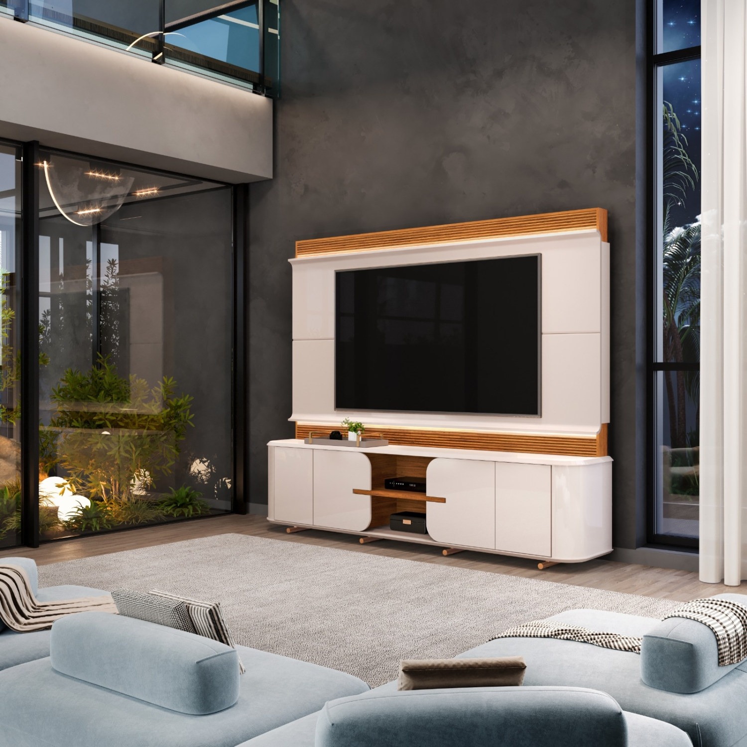 Home Lord off white y freijó con LED encendido en un living