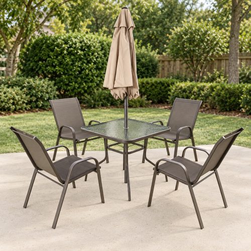 Juego de jardín Movelmax marrón con cuatro sillas, mesa y sombrilla cerrada
