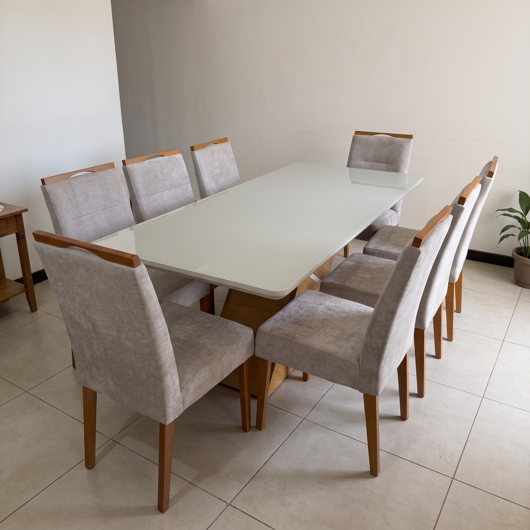 Juego de comedor Glamour 200 cm con sus 8 sillas gris claro