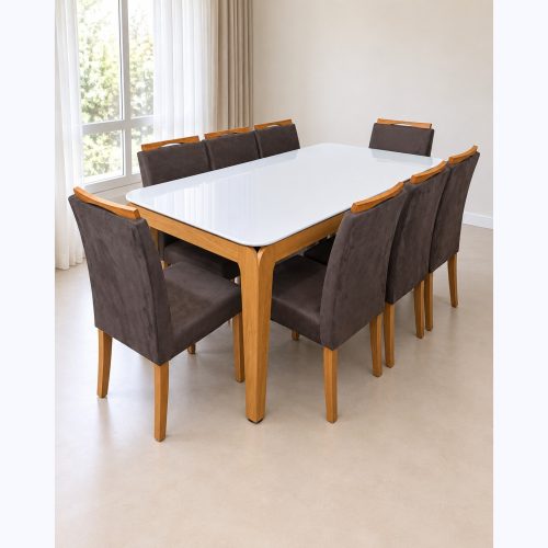 Juego de comedor mesa blanca 180 × 90 cm 8 sillas marrón, vista general
