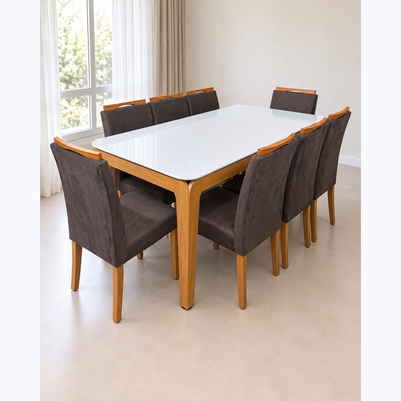 Juego de comedor mesa blanca 180 × 90 cm 8 sillas marrón, vista general