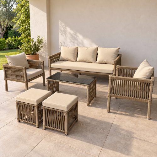 Juego exterior Bahía de cuerda náutica beige con sofá de 3 lugares, 2 sillones, mesa de vidrio y banquitos