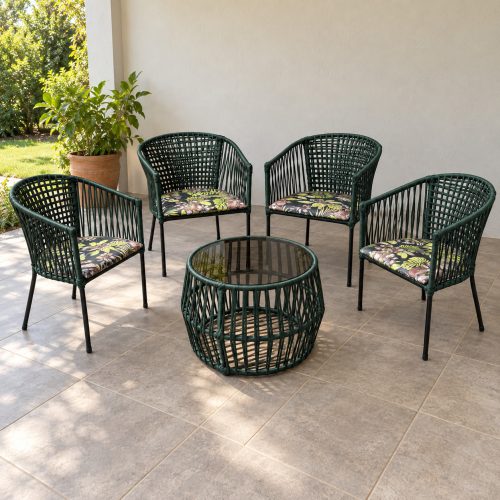 Juego exterior Capri de cuerda náutica verde con 4 sillas y mesita de vidrio