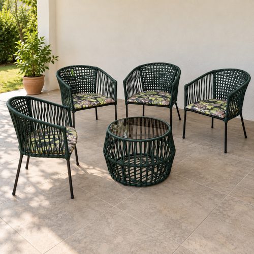 Juego exterior Capri de frente, sillas de cuerda náutica verde con asiento estampado
