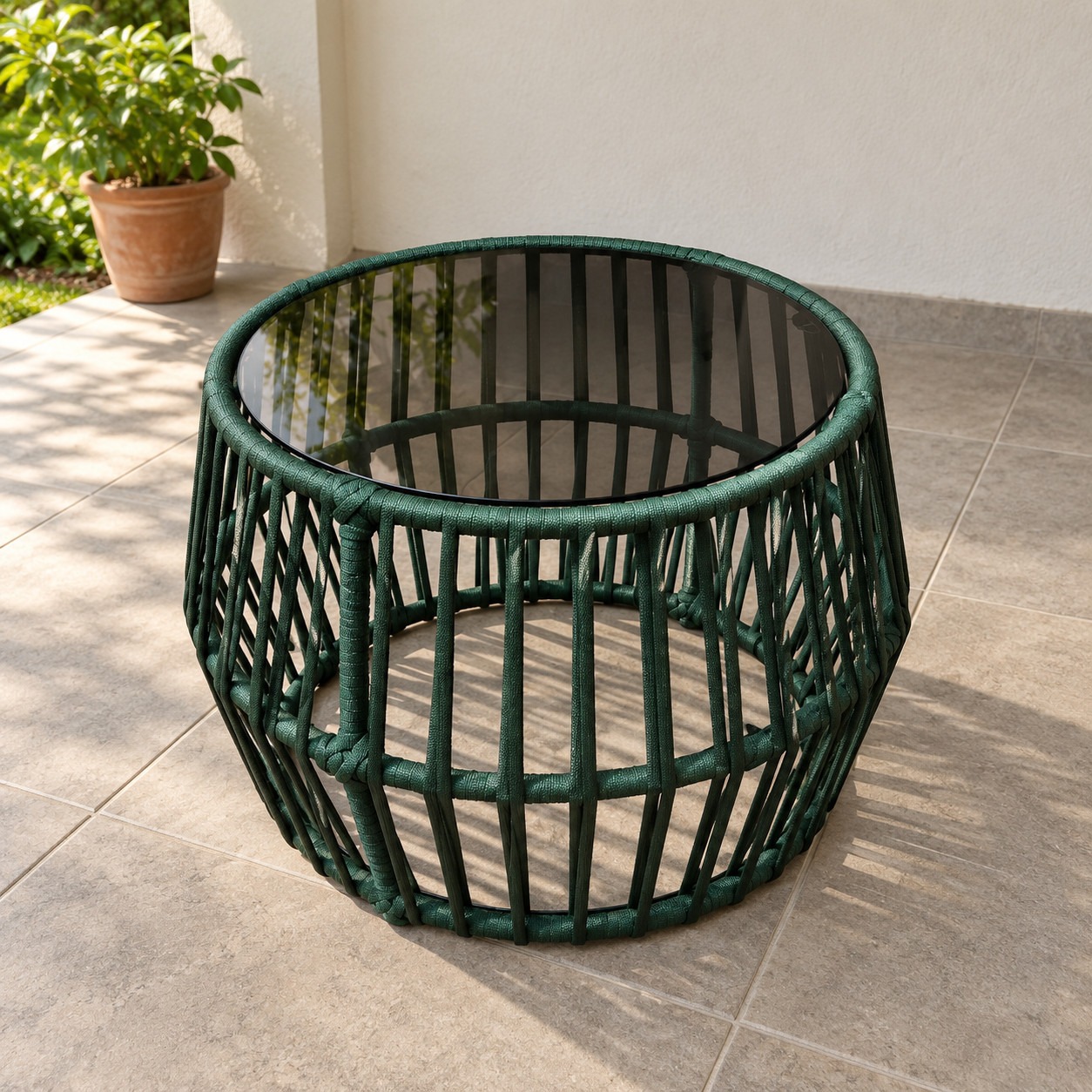 Mesita redonda de cuerda náutica verde con vidrio del juego exterior Capri