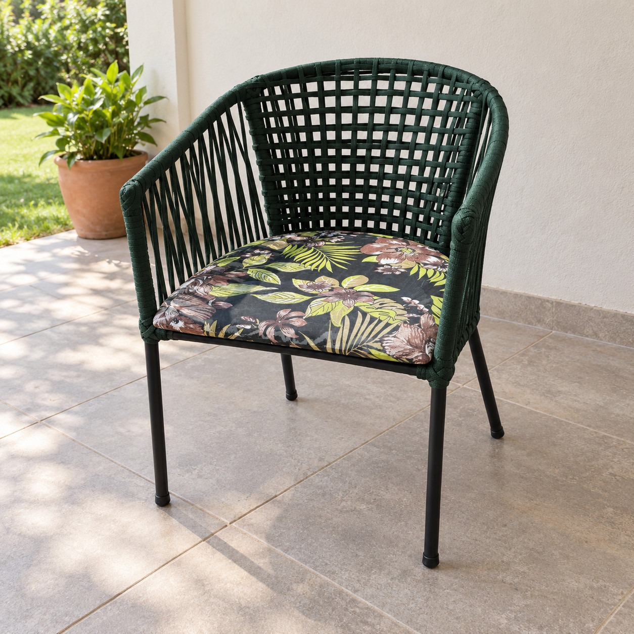 Silla de cuerda náutica verde con asiento estampado del juego exterior Capri