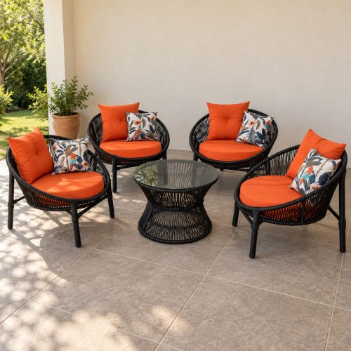 Juego exterior Caribe de frente, sillones de cuerda náutica negra con almohadones naranja
