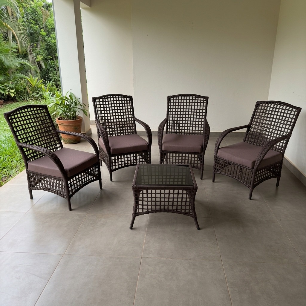 Juego exterior Ibiza de cuerda náutica marrón con 4 sillones y mesita de vidrio