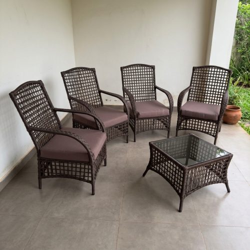 Juego exterior Ibiza visto de costado, sillones de cuerda náutica marrón