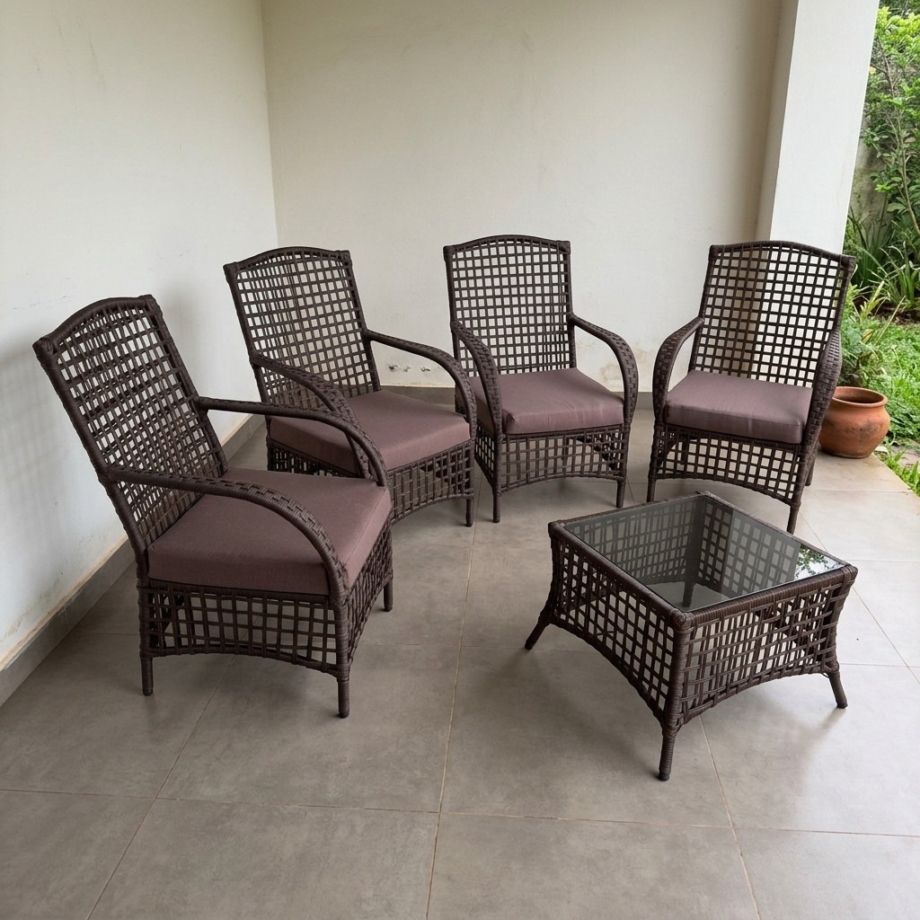 Juego exterior Ibiza visto de costado, sillones de cuerda náutica marrón