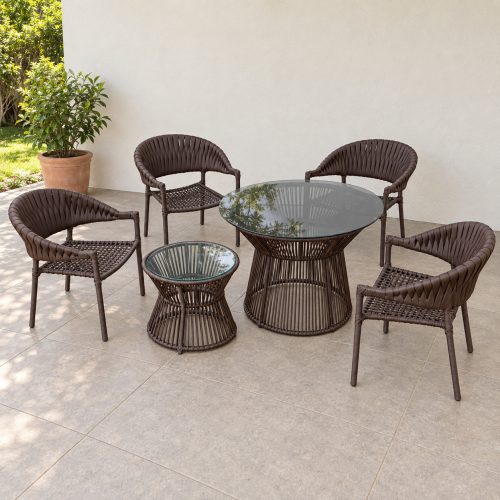 Juego exterior Tulum de cuerda náutica marrón con 4 sillas, mesa alta y mesa baja de vidrio