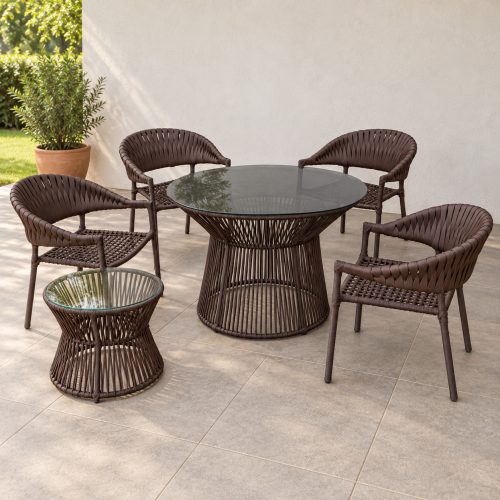 Juego exterior Tulum con la mesa alta al centro y la mesa baja al costado