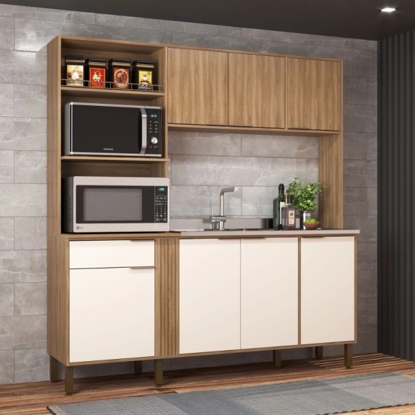 Kit de cocina Helen nogal y off white en una cocina