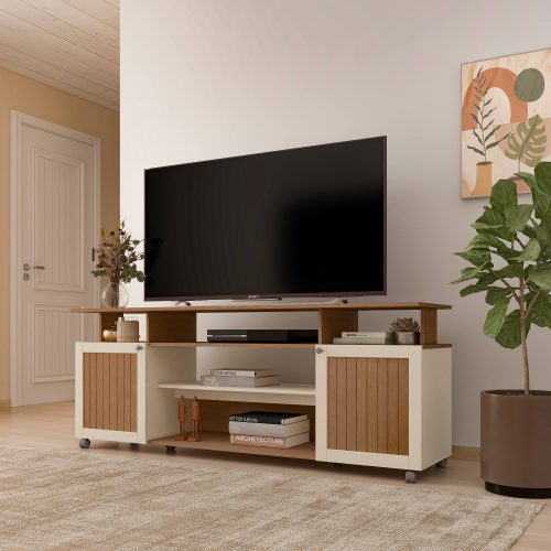 Rack Ipanema cerezo y off white en un living