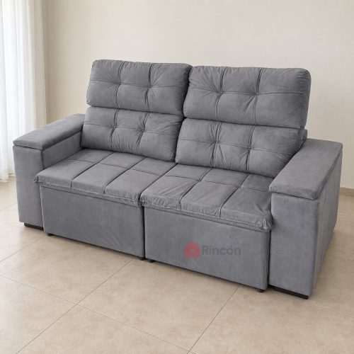 Sofá Atenas gris retráctil reclinable 2 lugares con portavasos — posición normal Sofá Atenas gris retráctil reclinable 2 lugares con portavasos, posición normal