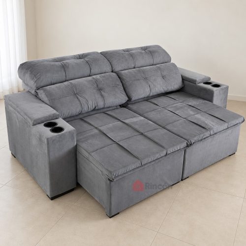 Sofá Atenas gris retráctil reclinable 2 lugares con portavasos, posición extendida