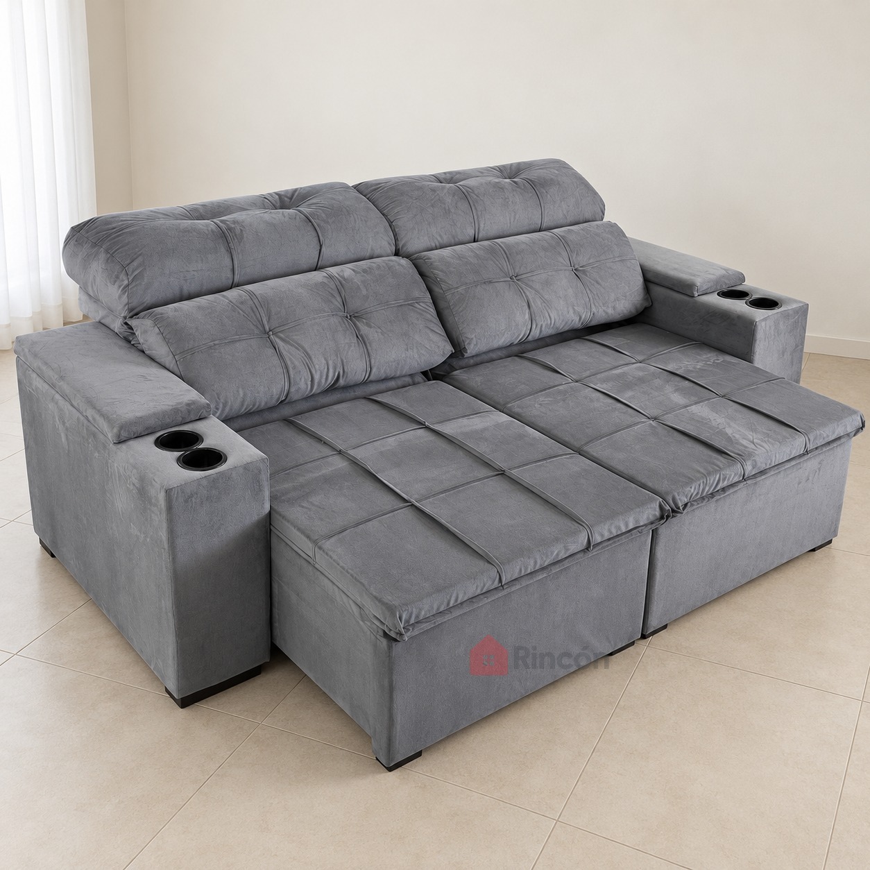 Sofá Atenas gris retráctil reclinable 2 lugares con portavasos, posición extendida