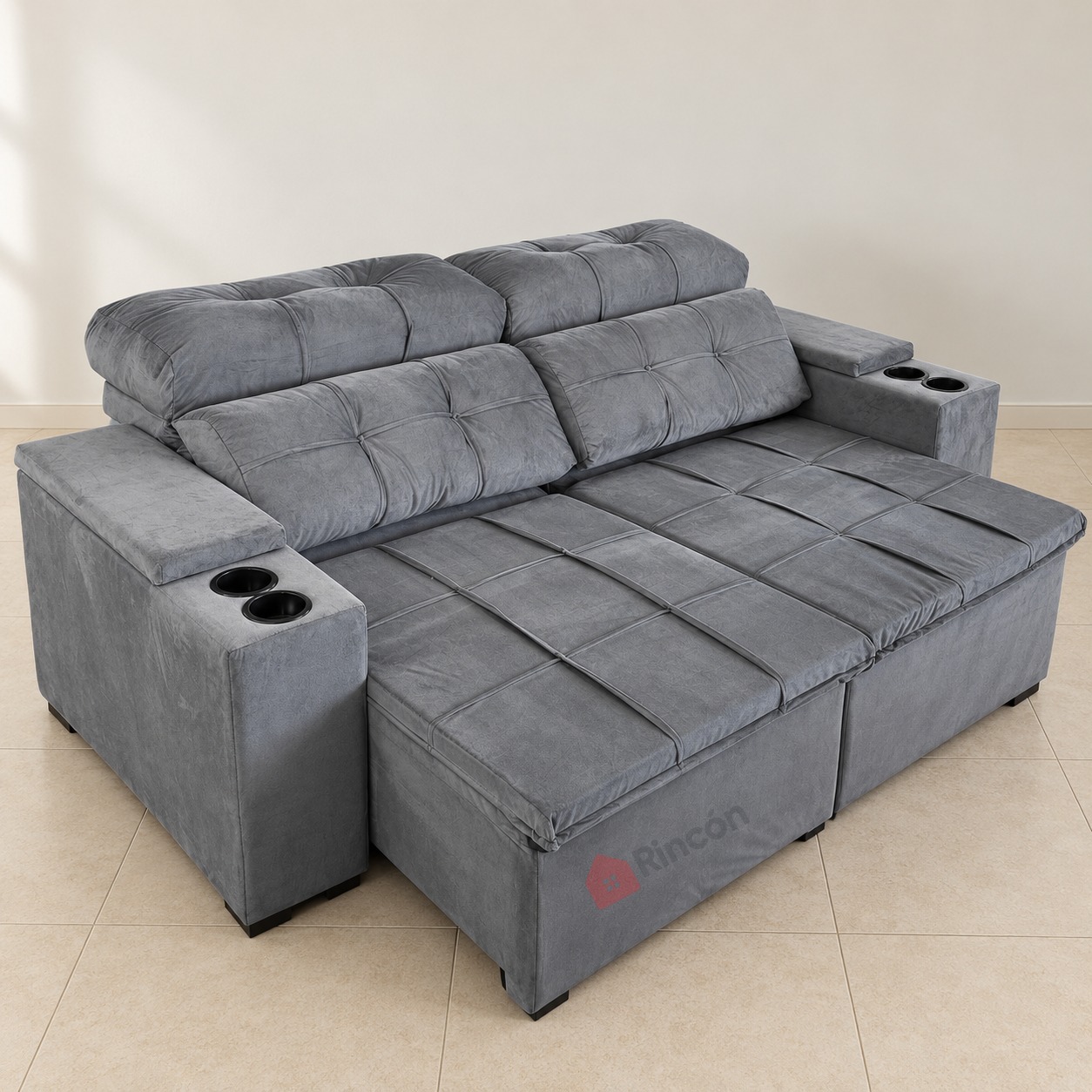 Sofá Atenas gris retráctil reclinable 2 lugares con portavasos, posición extendida