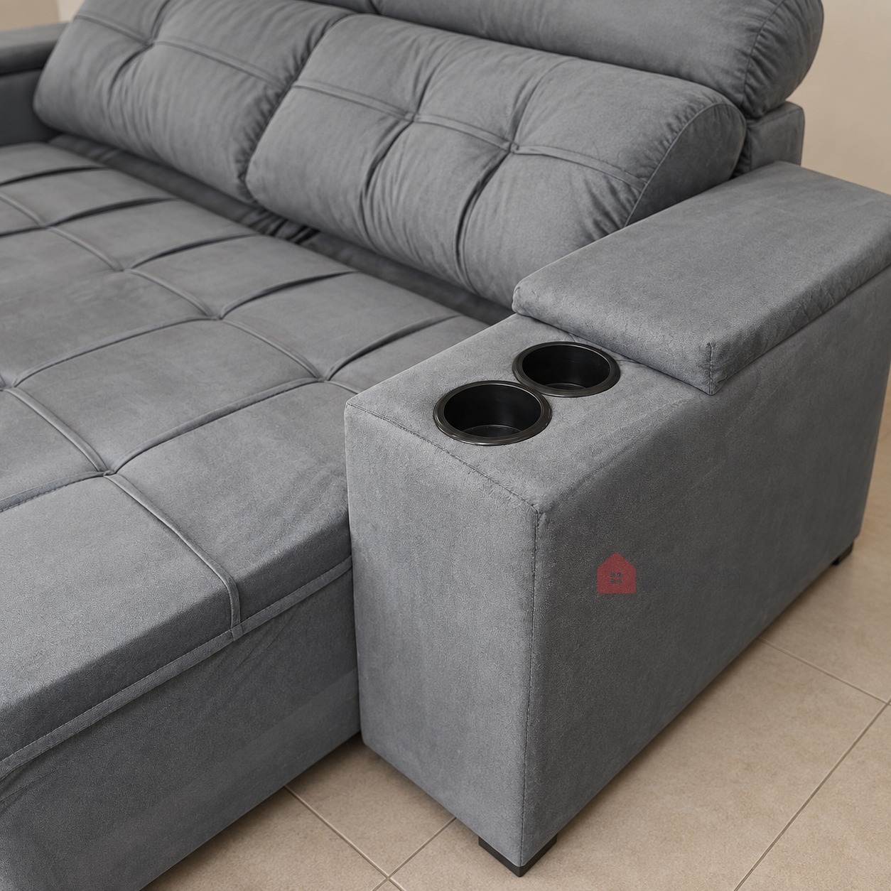 Sofá Atenas gris retráctil reclinable 2 lugares con portavasos, detalle de los portavasos