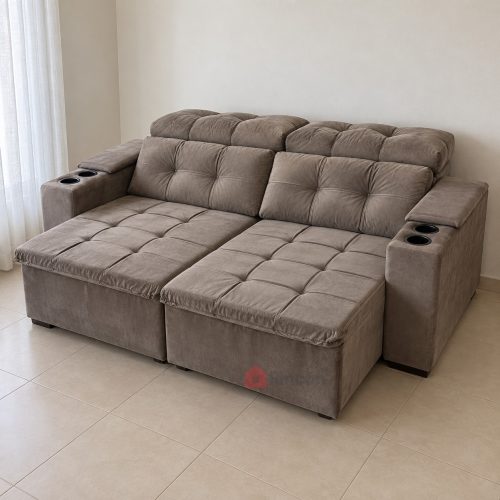 Sofá Atenas marrón retráctil reclinable 2 lugares con portavasos, posición extendida