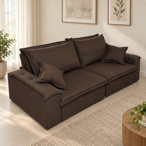 Sofá cama Orion marrón de lino 250 cm con portavasos, vista general