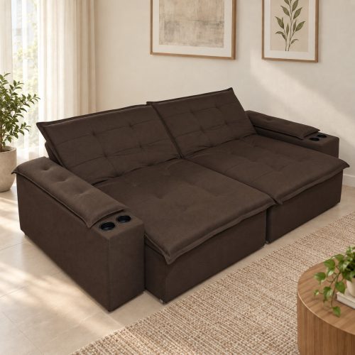 Sofá cama Orion marrón de lino 250 cm con portavasos, posición extendida