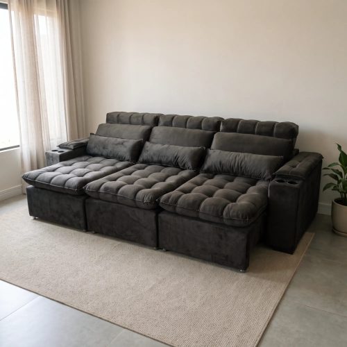 Sofá Cinema marrón extendido y reclinado, con portavasos