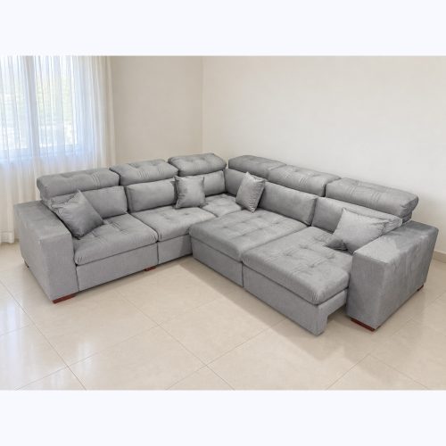 Sofá esquinero Verona gris hielo retráctil 300 × 300 cm, posición extendida